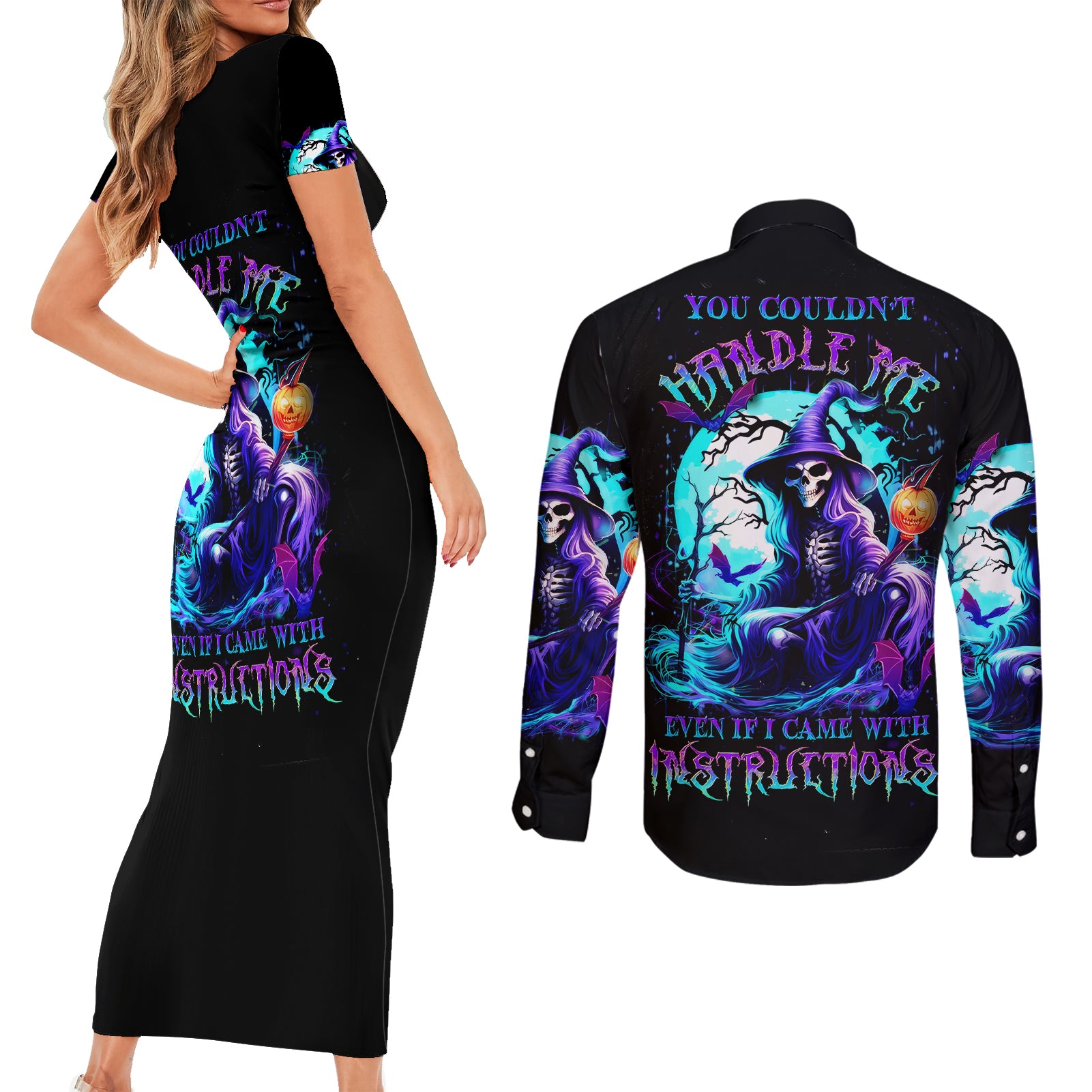 witch-skull-couples-matching-short-sleeve-bodycon-dress-and-long-sleeve-button-shirts-you-couldnt-handle-me-even-with-intrustions