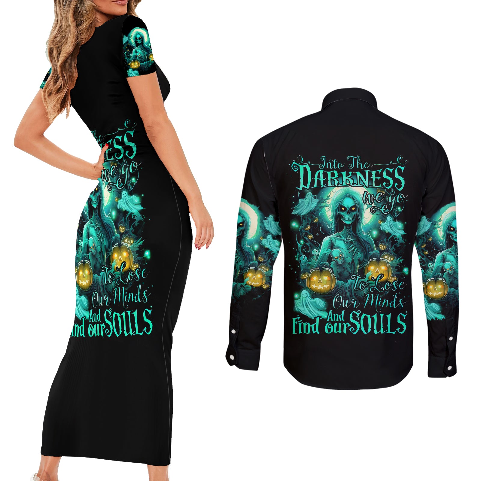 witch-skull-couples-matching-short-sleeve-bodycon-dress-and-long-sleeve-button-shirts-into-darkness-to-lose-our-mind-and-find-our-souls