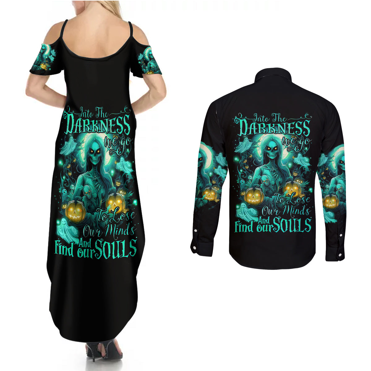 witch-skull-couples-matching-summer-maxi-dress-and-long-sleeve-button-shirts-into-darkness-to-lose-our-mind-and-find-our-souls