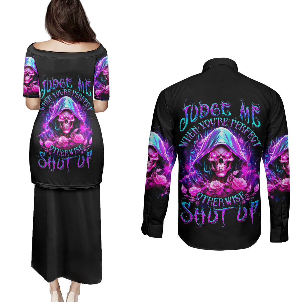 fire-skull-couples-matching-puletasi-dress-and-long-sleeve-button-shirts-judge-me-when-youre-perfect-otherwise-shut-up