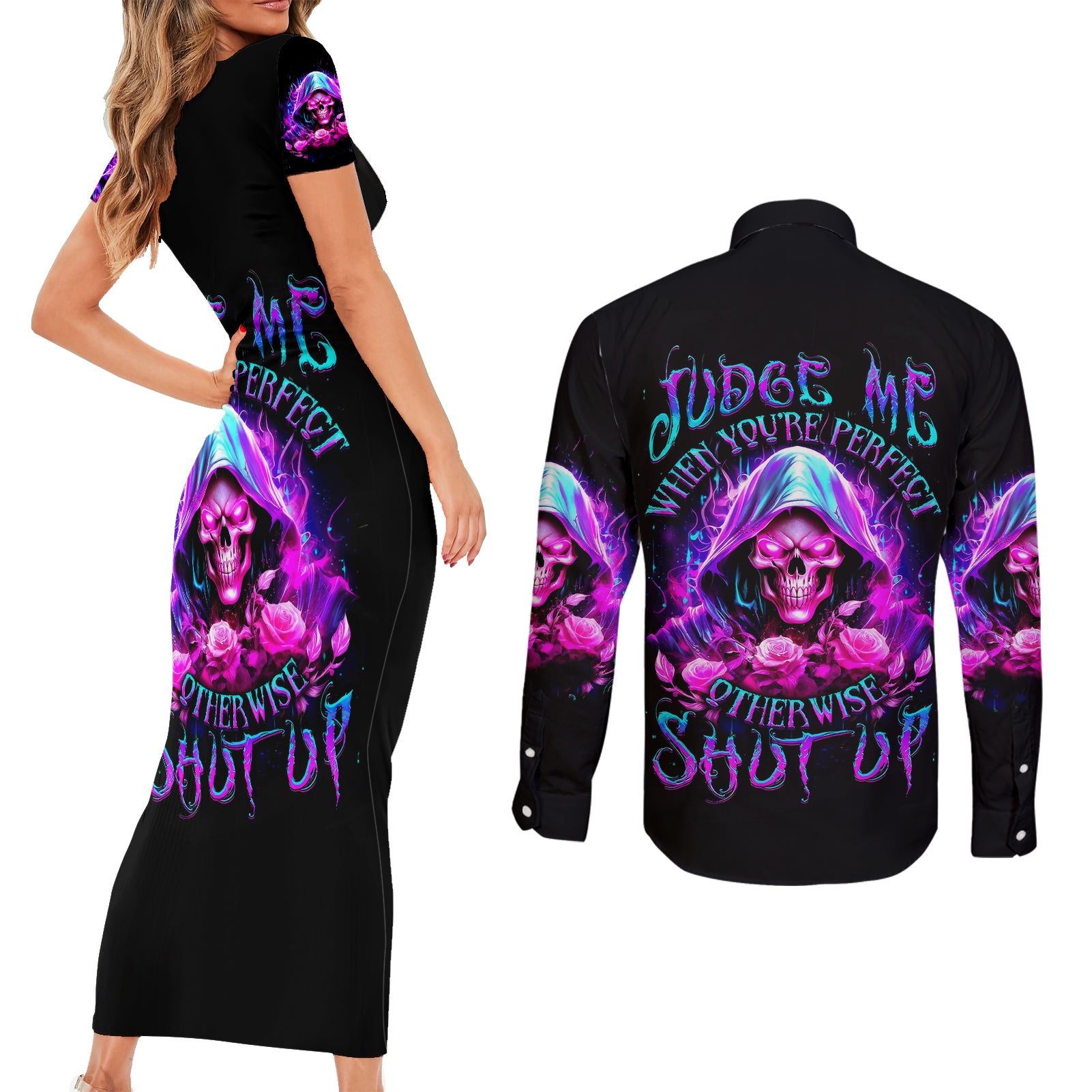 fire-skull-couples-matching-short-sleeve-bodycon-dress-and-long-sleeve-button-shirts-judge-me-when-youre-perfect-otherwise-shut-up
