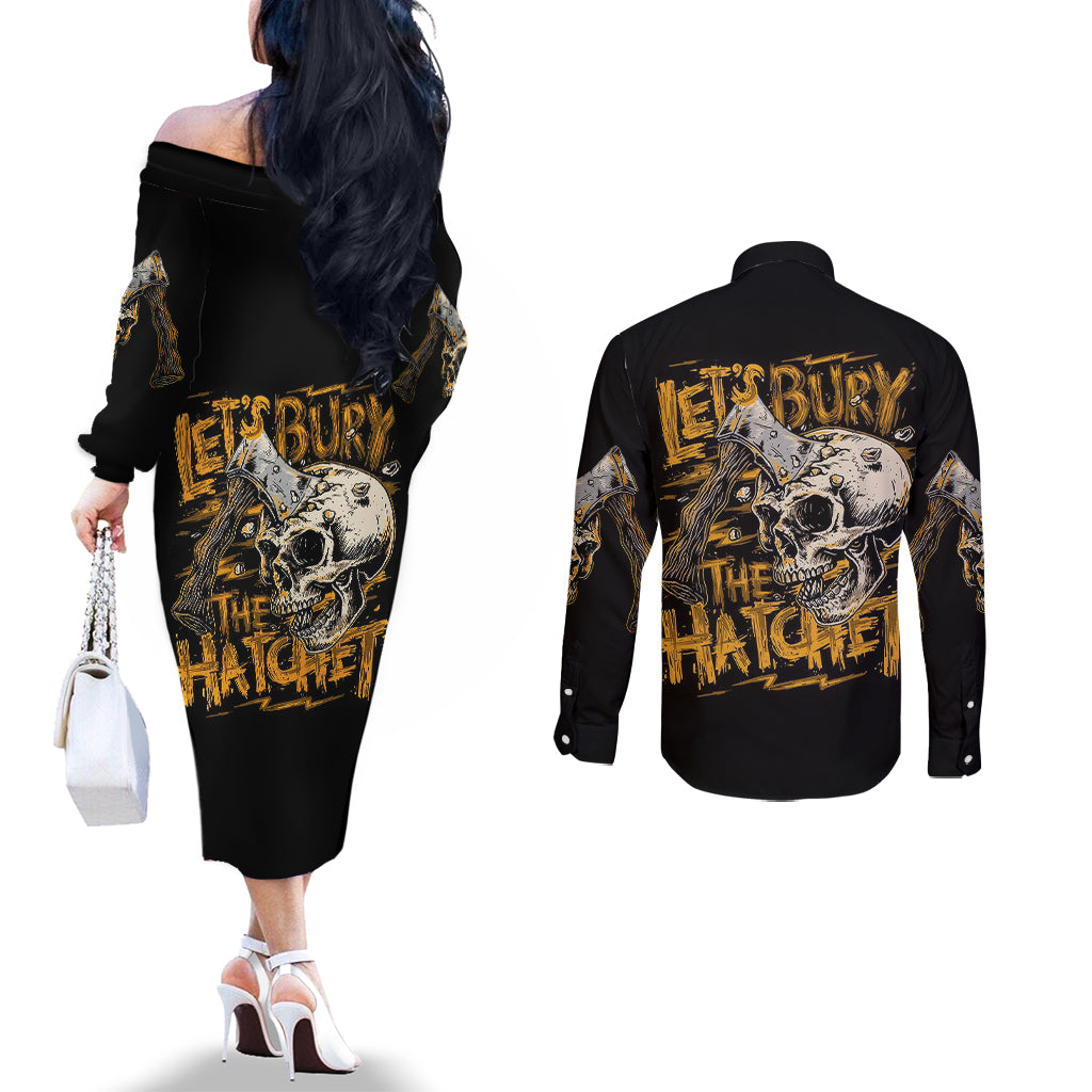 axe-skull-couples-matching-off-the-shoulder-long-sleeve-dress-and-long-sleeve-button-shirts-lets-bury-the-hatchet