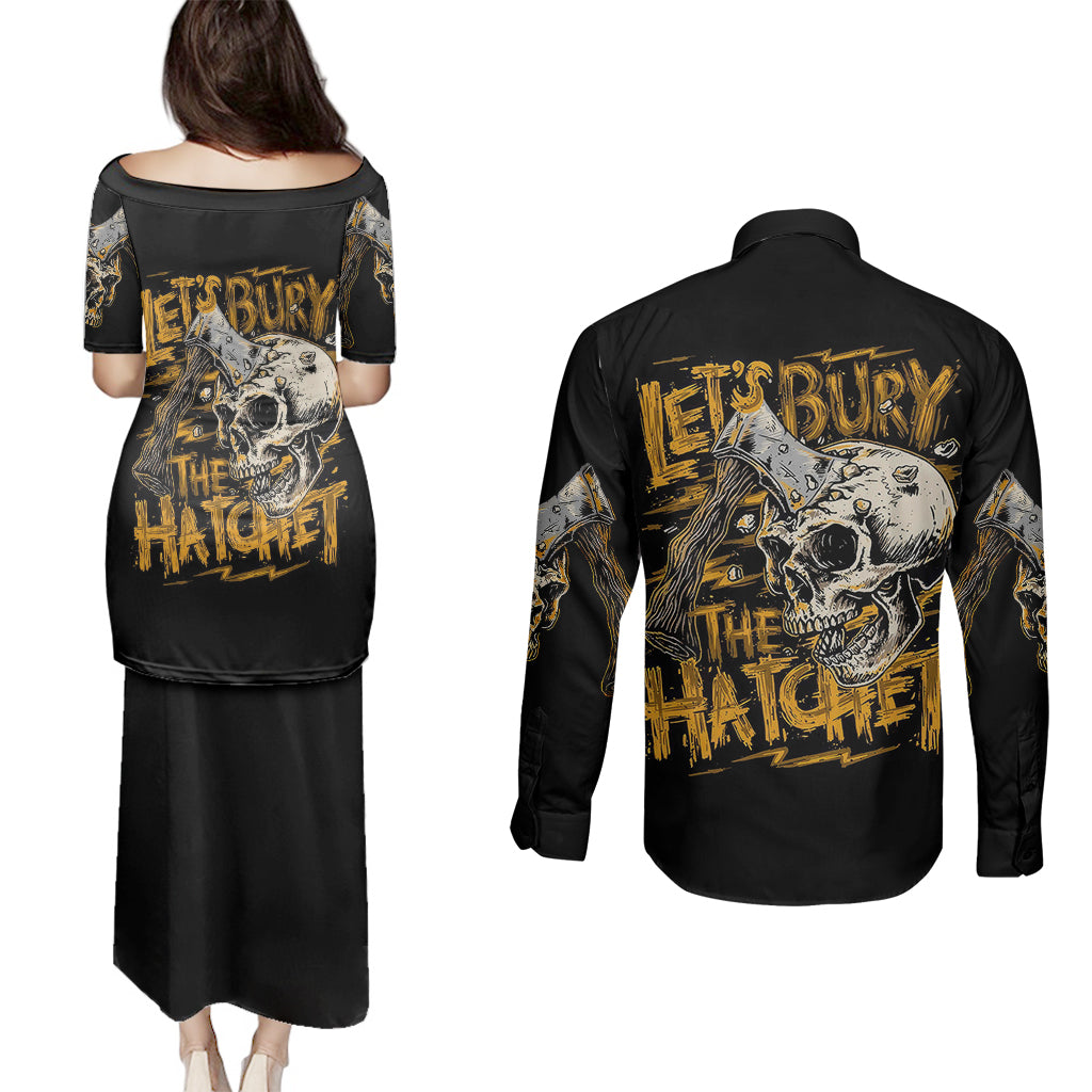axe-skull-couples-matching-puletasi-dress-and-long-sleeve-button-shirts-lets-bury-the-hatchet