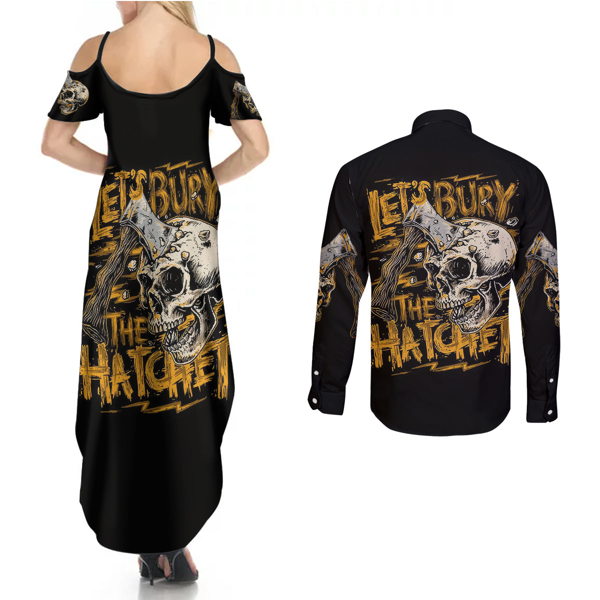 axe-skull-couples-matching-summer-maxi-dress-and-long-sleeve-button-shirts-lets-bury-the-hatchet