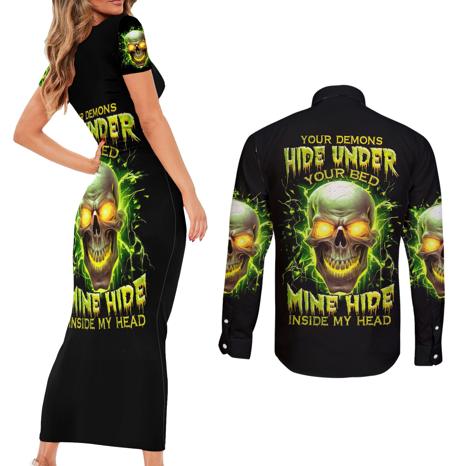 thunder-skull-couples-matching-short-sleeve-bodycon-dress-and-long-sleeve-button-shirts-my-demon-hide-inside-my-head
