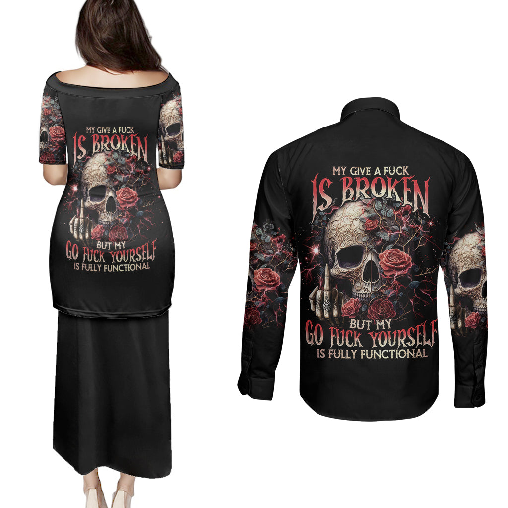 rose-skull-couples-matching-puletasi-dress-and-long-sleeve-button-shirts-my-give-a-fuck-is-broken-but-my-go-fuck-yourself-is-functional