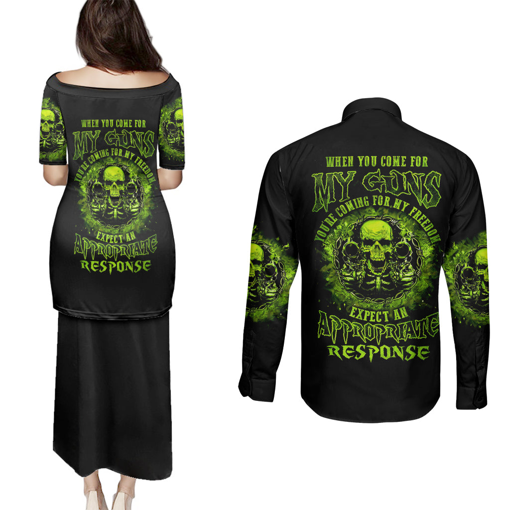 gun-skull-couples-matching-puletasi-dress-and-long-sleeve-button-shirts-when-you-come-for-my-gun-expect-an-appropriate-response
