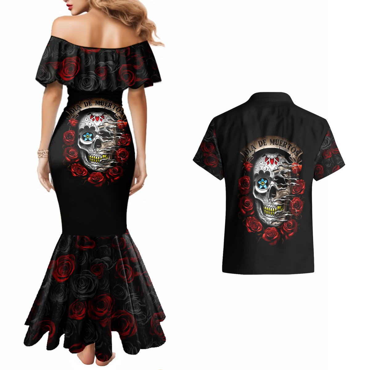 dia-de-muertos-couples-matching-mermaid-dress-and-hawaiian-shirt-day-of-the-death-rose-skull