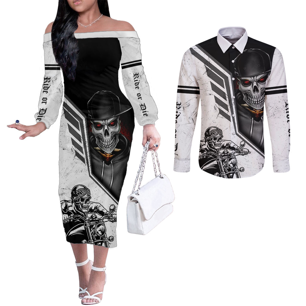 skull-couples-matching-off-the-shoulder-long-sleeve-dress-and-long-sleeve-button-shirts-riding-motocycle