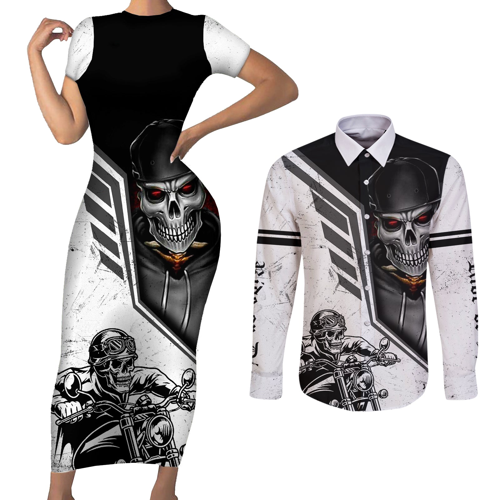 skull-couples-matching-short-sleeve-bodycon-dress-and-long-sleeve-button-shirts-riding-motocycle