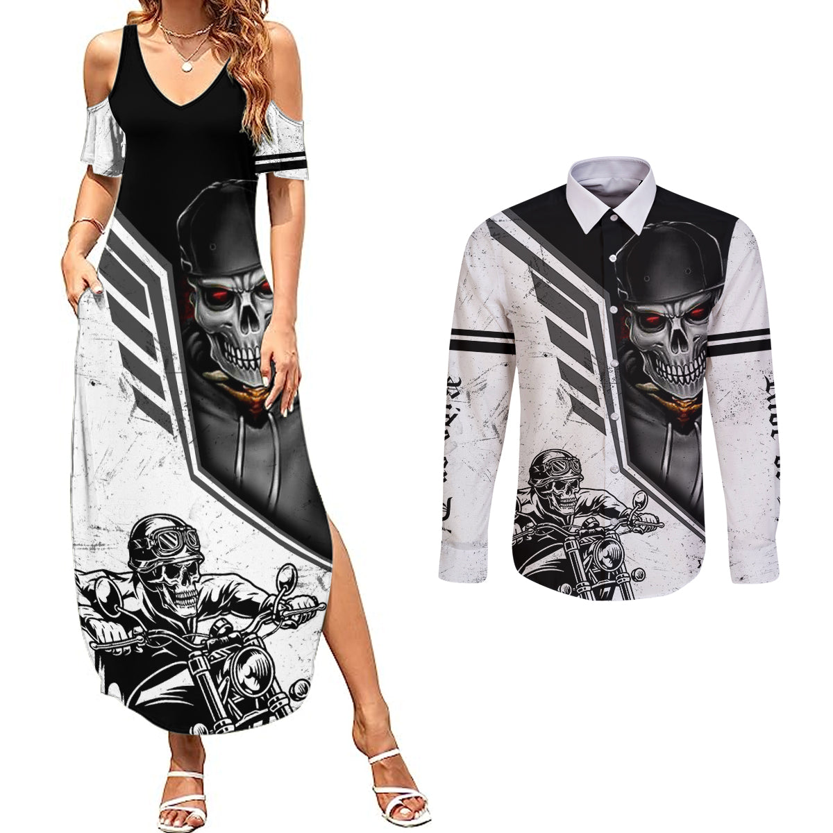 skull-couples-matching-summer-maxi-dress-and-long-sleeve-button-shirts-riding-motocycle