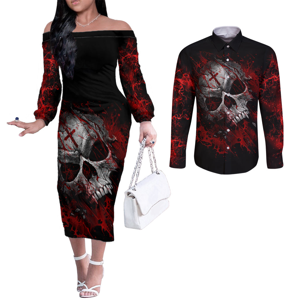skull-couples-matching-off-the-shoulder-long-sleeve-dress-and-long-sleeve-button-shirts-bloody-skull-scream