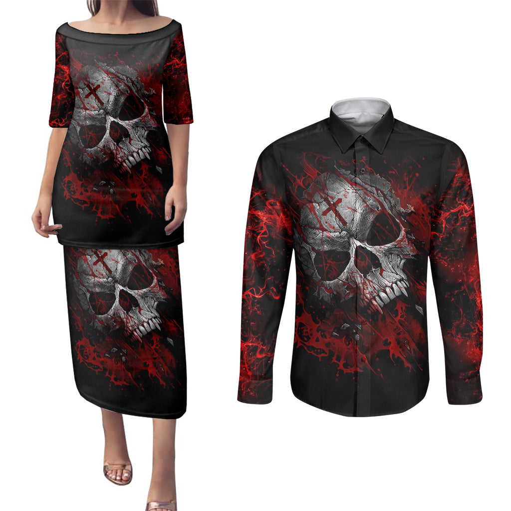 skull-couples-matching-puletasi-dress-and-long-sleeve-button-shirts-bloody-skull-scream