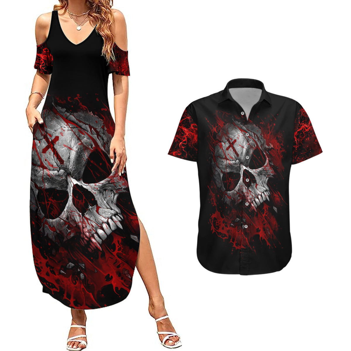 skull-couples-matching-summer-maxi-dress-and-hawaiian-shirt-bloody-skull-scream