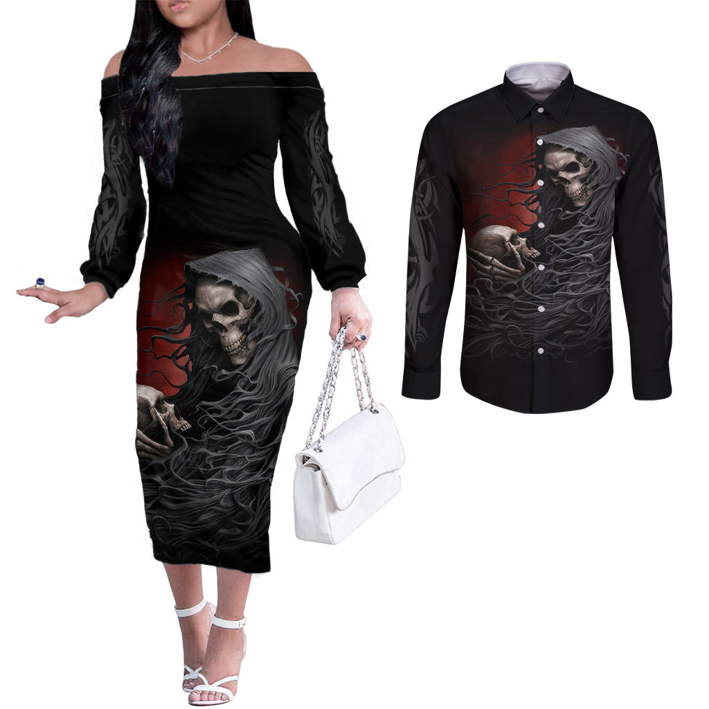 skull-couples-matching-off-the-shoulder-long-sleeve-dress-and-long-sleeve-button-shirts-death-angel-hold-skull