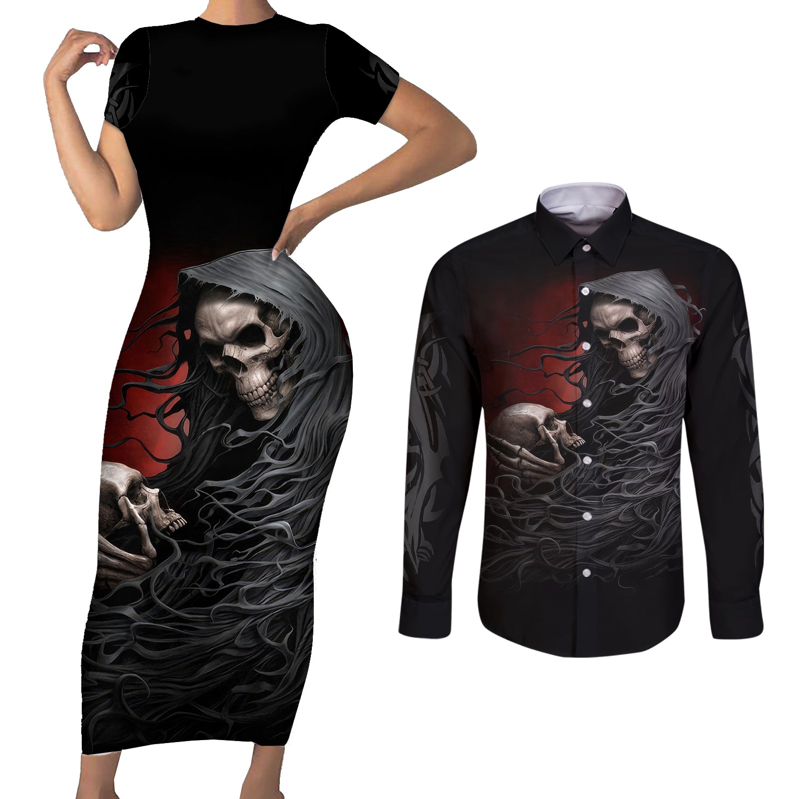 skull-couples-matching-short-sleeve-bodycon-dress-and-long-sleeve-button-shirts-death-angel-hold-skull
