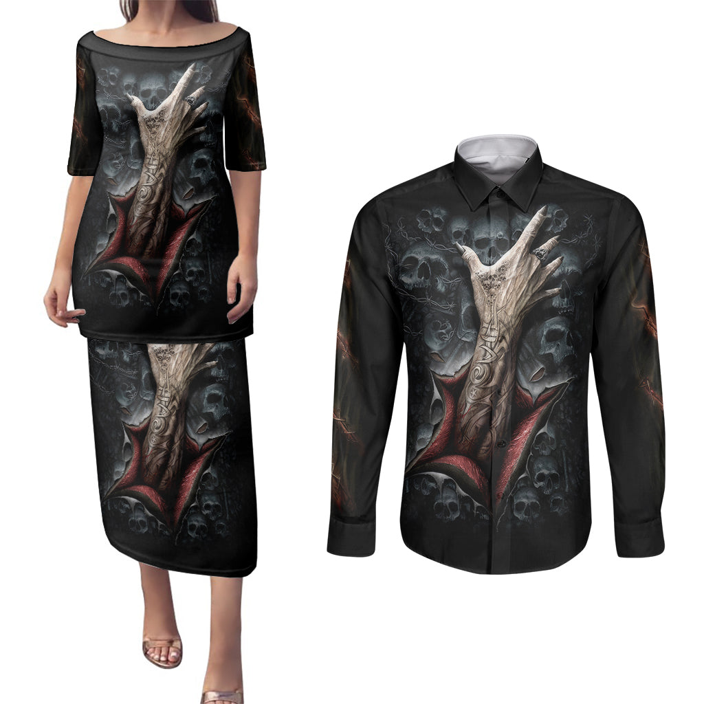 skull-couples-matching-puletasi-dress-and-long-sleeve-button-shirts-skeleton-ripped-inside
