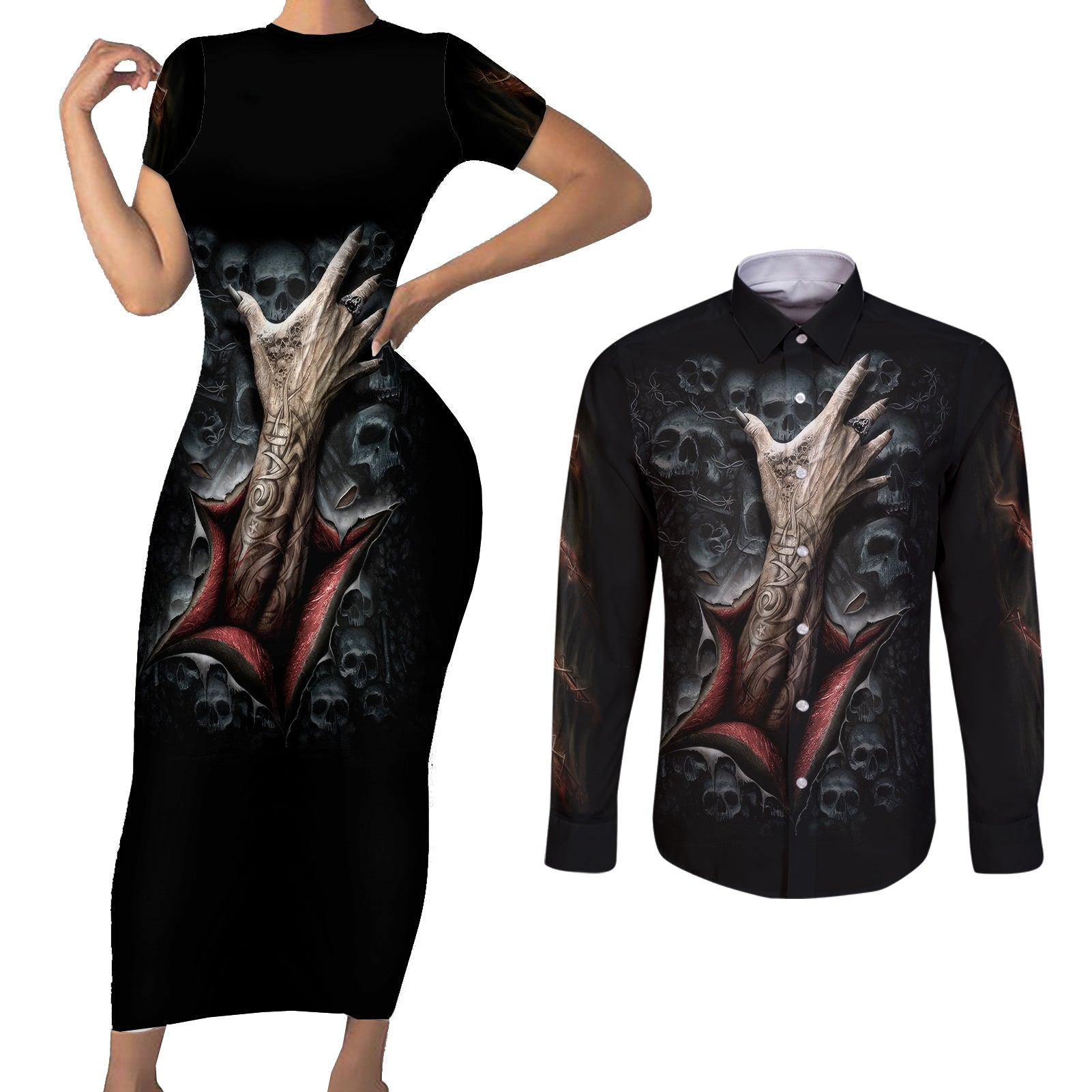 skull-couples-matching-short-sleeve-bodycon-dress-and-long-sleeve-button-shirts-skeleton-ripped-inside