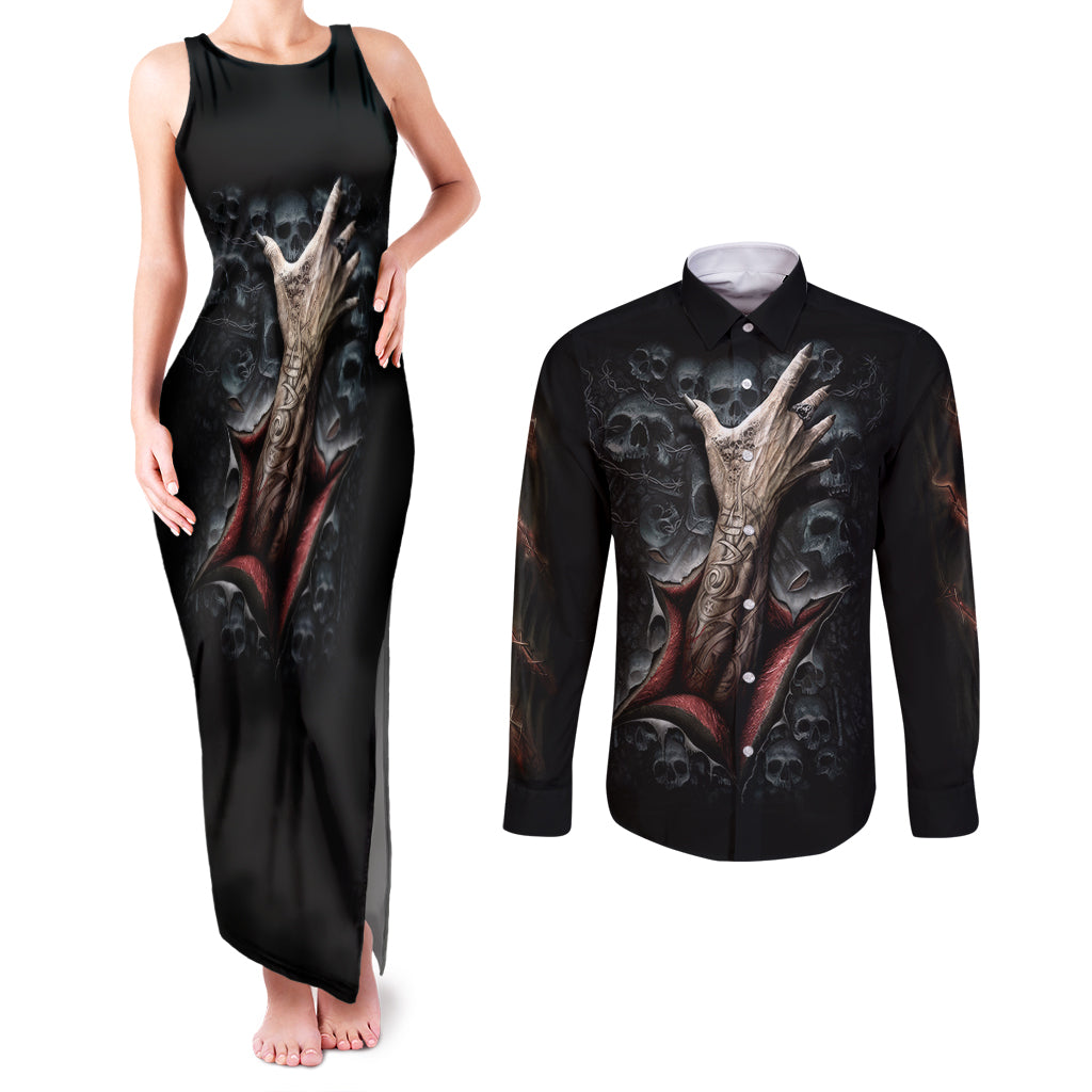 skull-couples-matching-tank-maxi-dress-and-long-sleeve-button-shirts-skeleton-ripped-inside