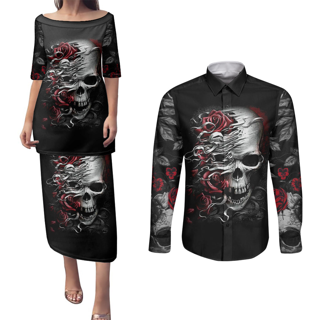 skull-couples-matching-puletasi-dress-and-long-sleeve-button-shirts-three-skull-no-see-evil-rose