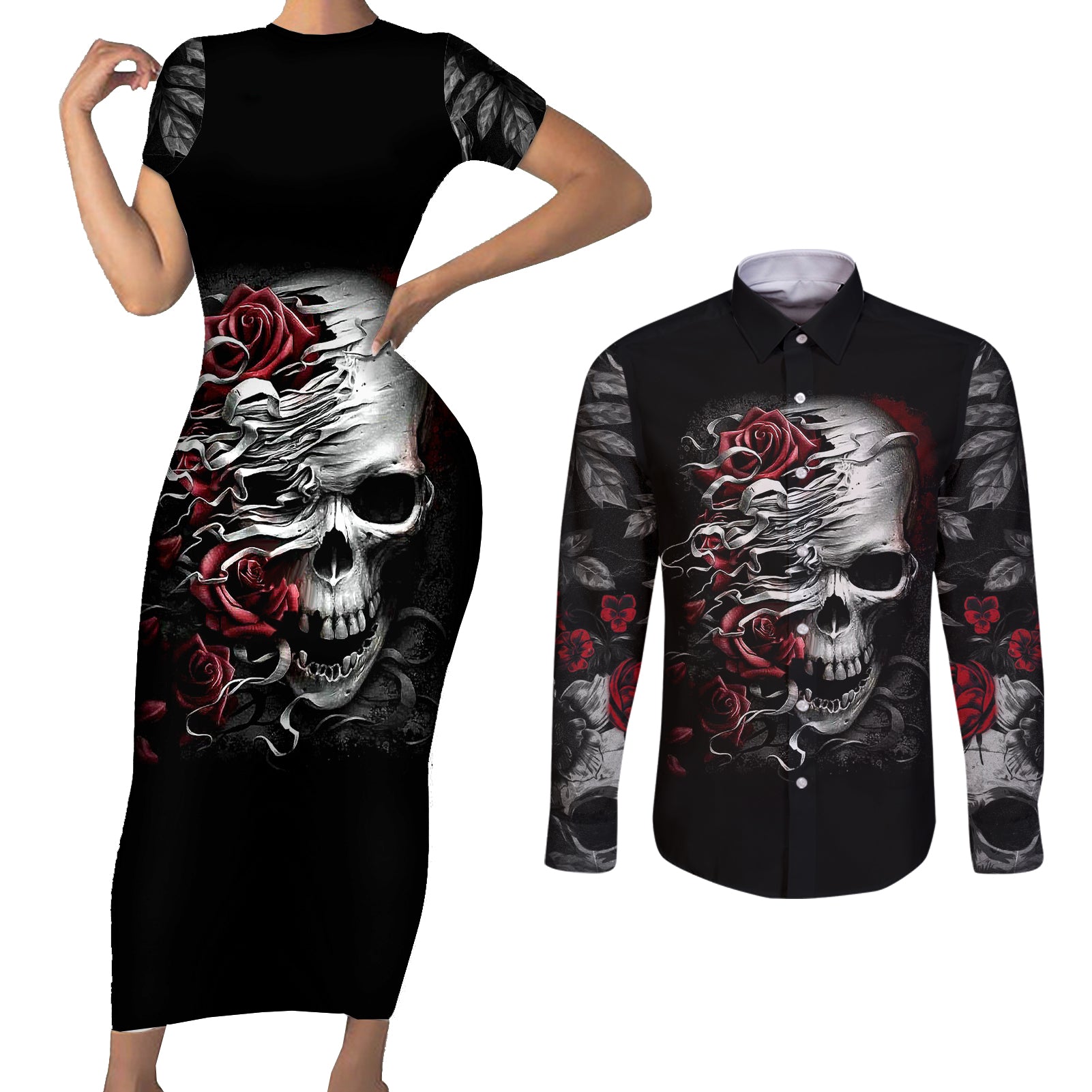 skull-couples-matching-short-sleeve-bodycon-dress-and-long-sleeve-button-shirts-three-skull-no-see-evil-rose