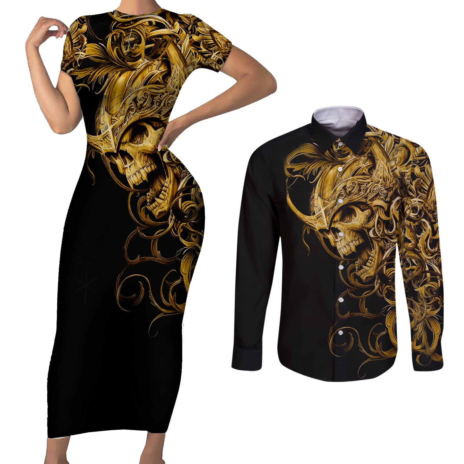 skull-couples-matching-short-sleeve-bodycon-dress-and-long-sleeve-button-shirts-golden-warrior-royal