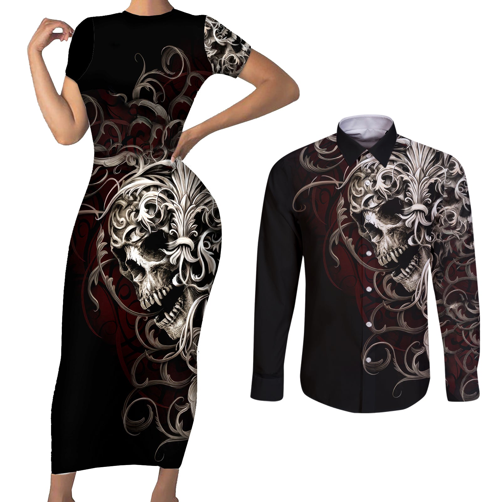 skull-couples-matching-short-sleeve-bodycon-dress-and-long-sleeve-button-shirts-silver-warrior-royal