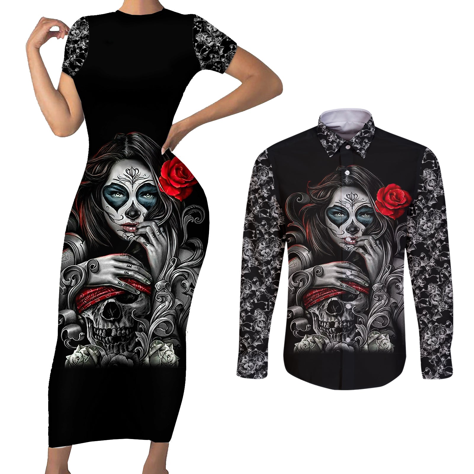 skull-couples-matching-short-sleeve-bodycon-dress-and-long-sleeve-button-shirts-skull-girl-spoiled-wife