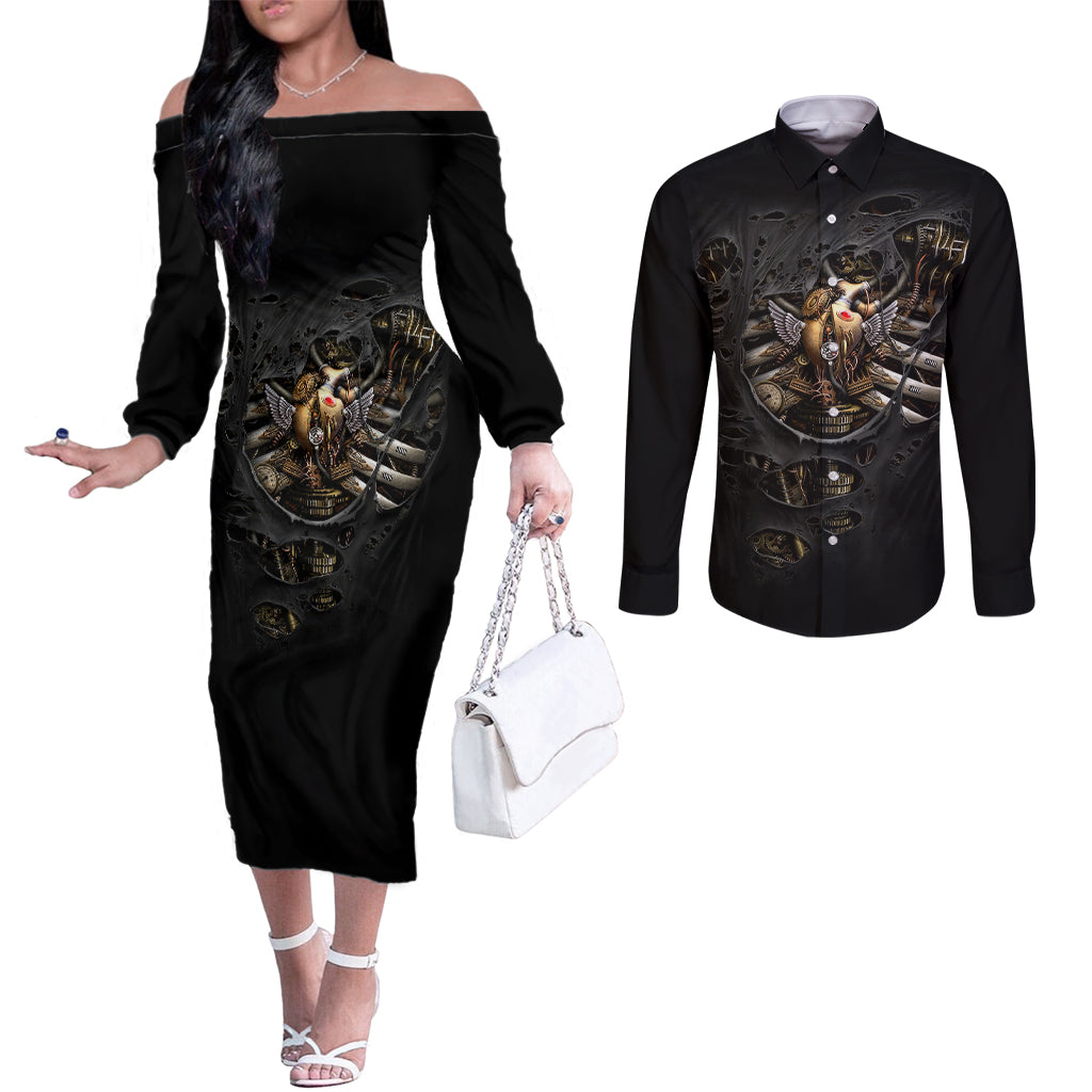 skull-couples-matching-off-the-shoulder-long-sleeve-dress-and-long-sleeve-button-shirts-skeleton-steampunk-heart-inside