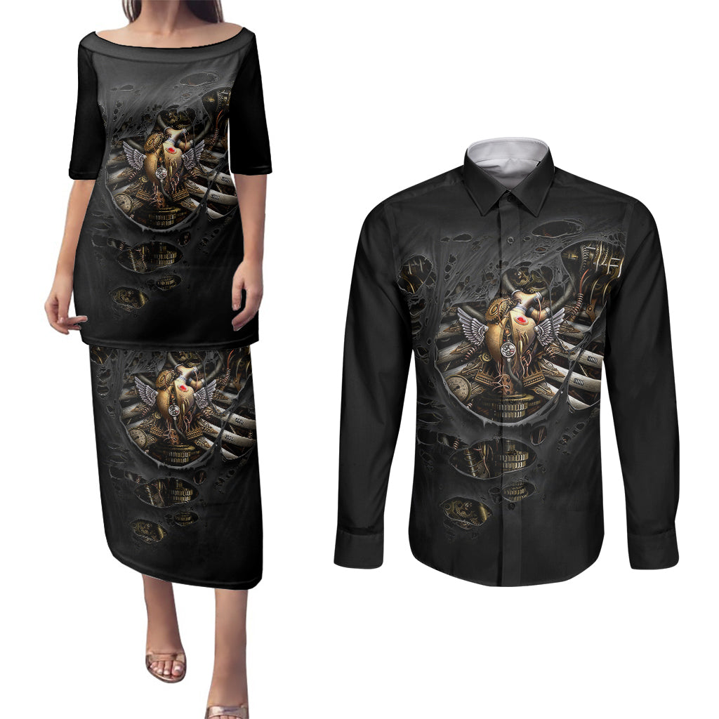 skull-couples-matching-puletasi-dress-and-long-sleeve-button-shirts-skeleton-steampunk-heart-inside