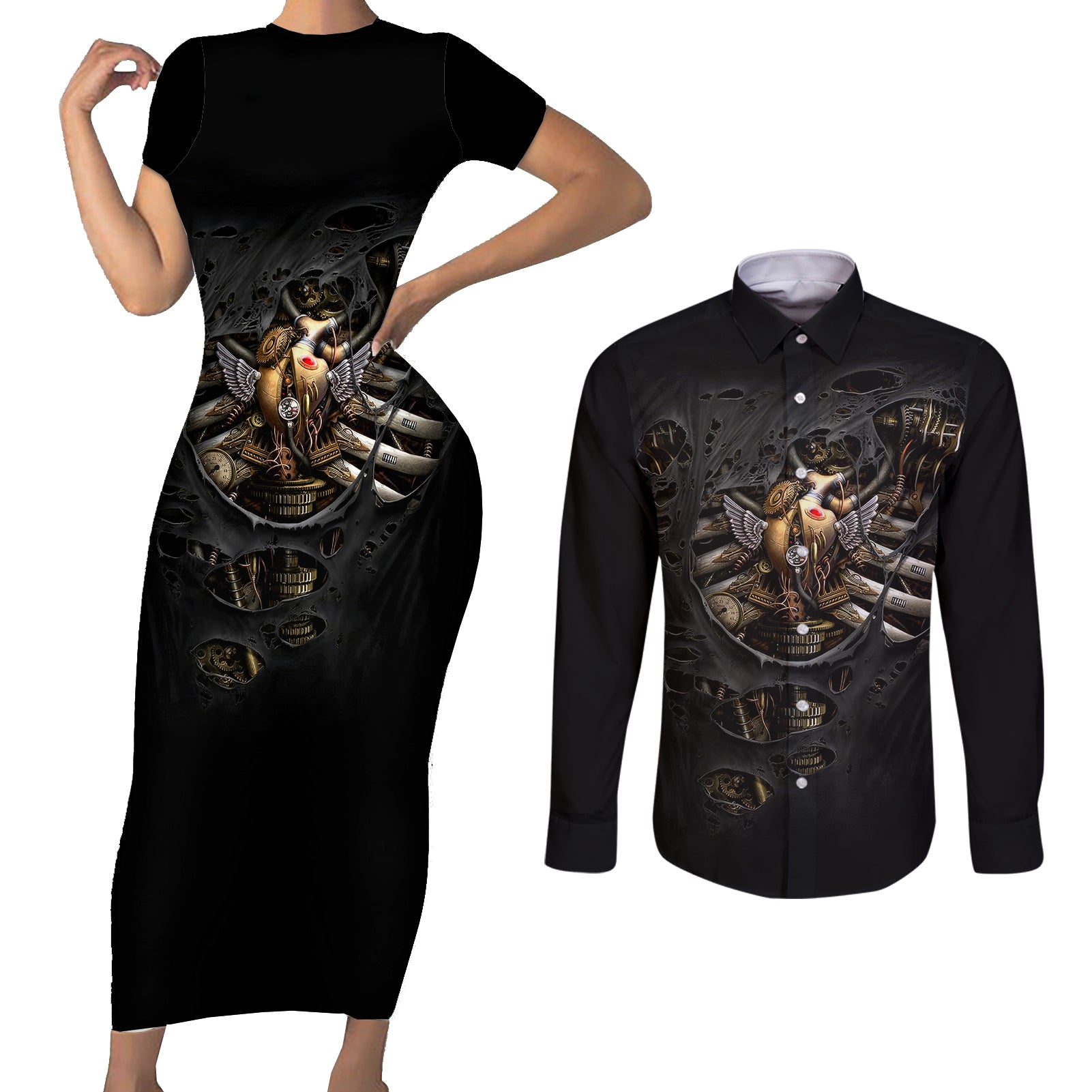 skull-couples-matching-short-sleeve-bodycon-dress-and-long-sleeve-button-shirts-skeleton-steampunk-heart-inside