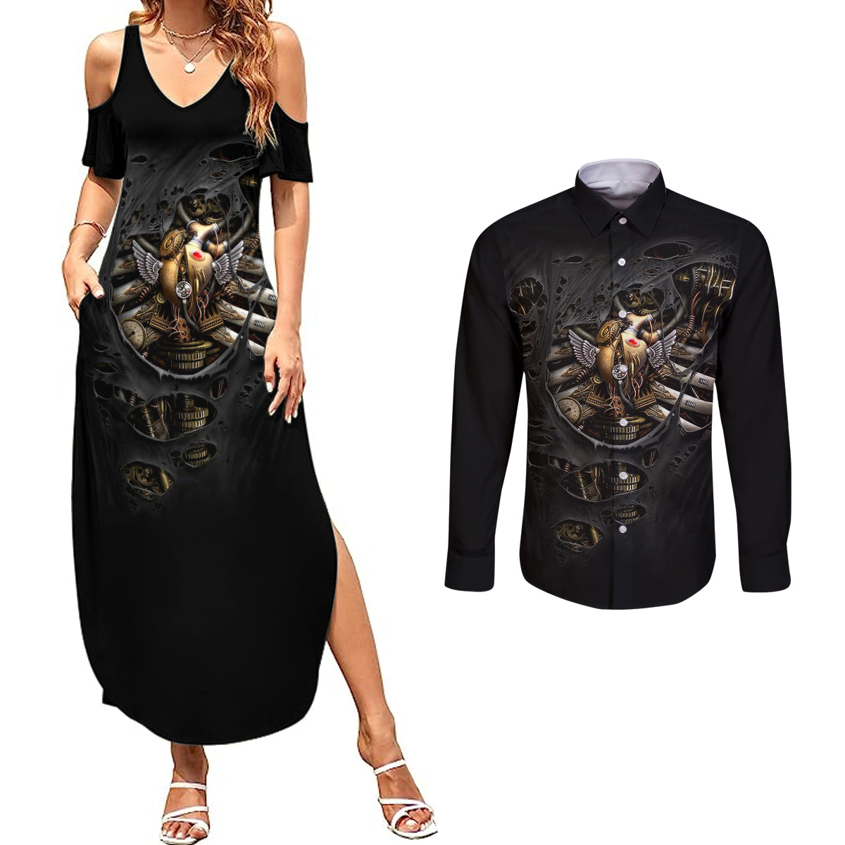 skull-couples-matching-summer-maxi-dress-and-long-sleeve-button-shirts-skeleton-steampunk-heart-inside
