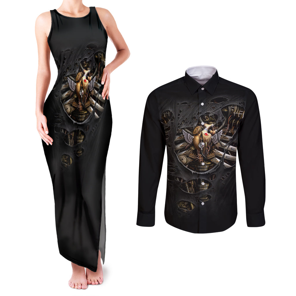 skull-couples-matching-tank-maxi-dress-and-long-sleeve-button-shirts-skeleton-steampunk-heart-inside