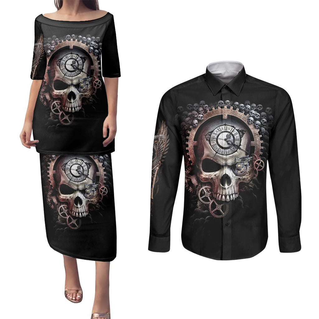 skull-couples-matching-puletasi-dress-and-long-sleeve-button-shirts-skull-grim-time-reaper