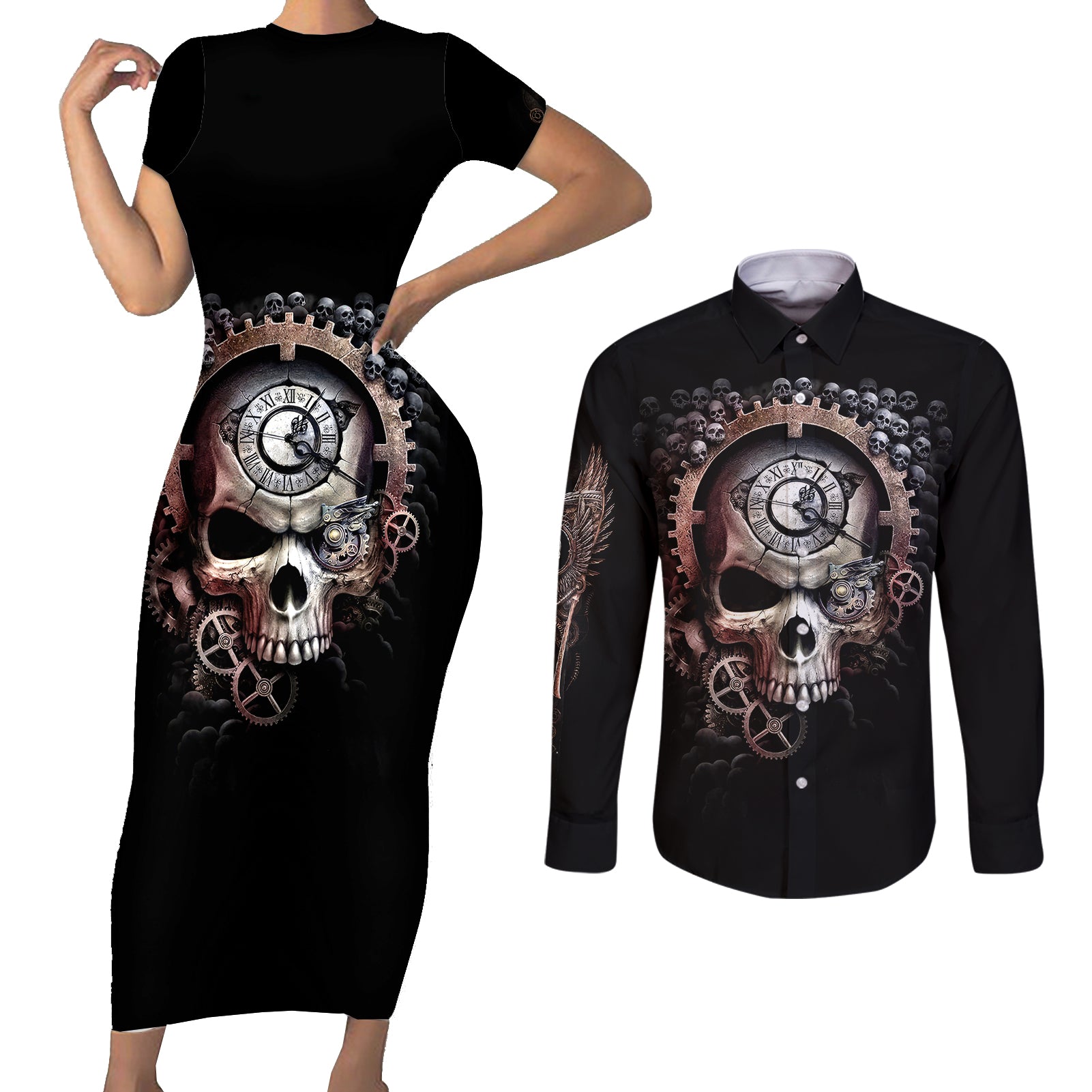 skull-couples-matching-short-sleeve-bodycon-dress-and-long-sleeve-button-shirts-skull-grim-time-reaper