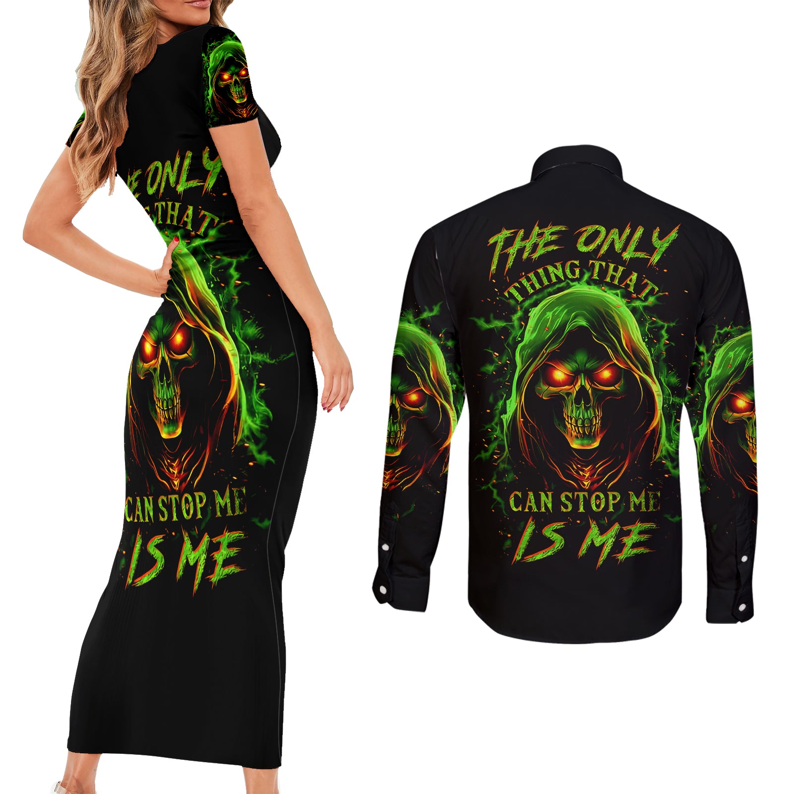 fire-death-skull-couples-matching-short-sleeve-bodycon-dress-and-long-sleeve-button-shirts-the-only-thing-that-can-stop-is-me