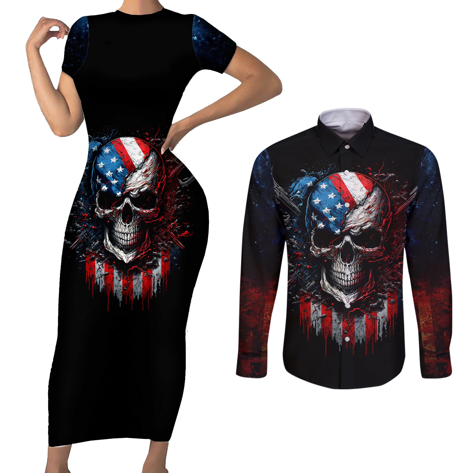 vintage-skull-couples-matching-short-sleeve-bodycon-dress-and-long-sleeve-button-shirts-american-skull-vintage