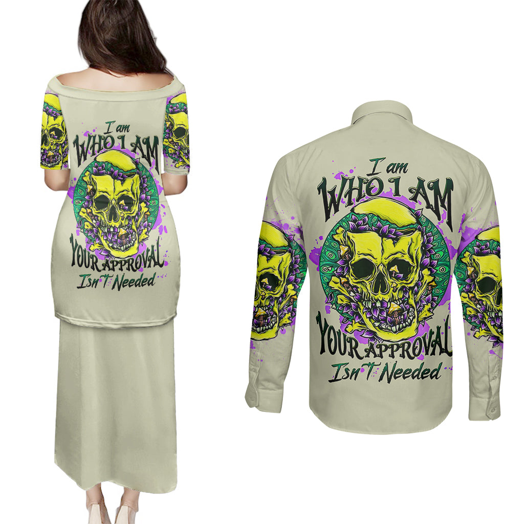 flower-skull-couples-matching-puletasi-dress-and-long-sleeve-button-shirts-iam-who-iam-your-approval-isnt-need