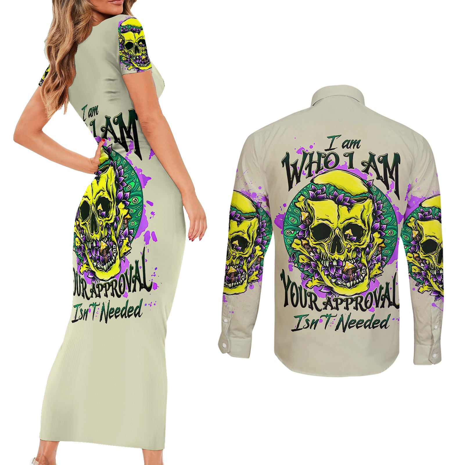flower-skull-couples-matching-short-sleeve-bodycon-dress-and-long-sleeve-button-shirts-iam-who-iam-your-approval-isnt-need