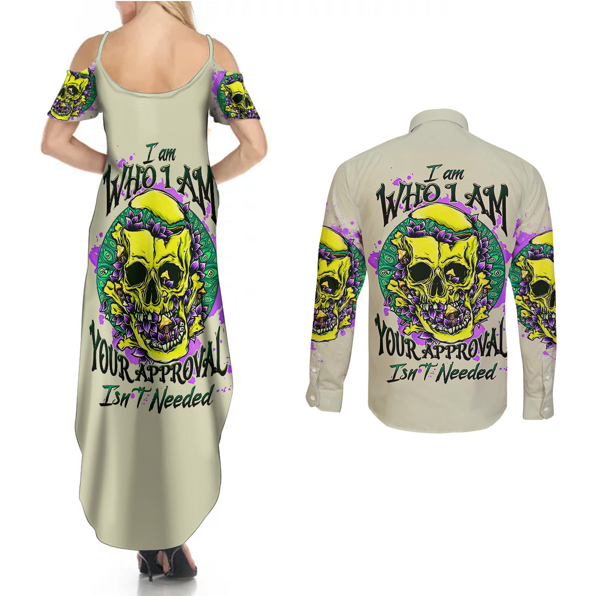flower-skull-couples-matching-summer-maxi-dress-and-long-sleeve-button-shirts-iam-who-iam-your-approval-isnt-need