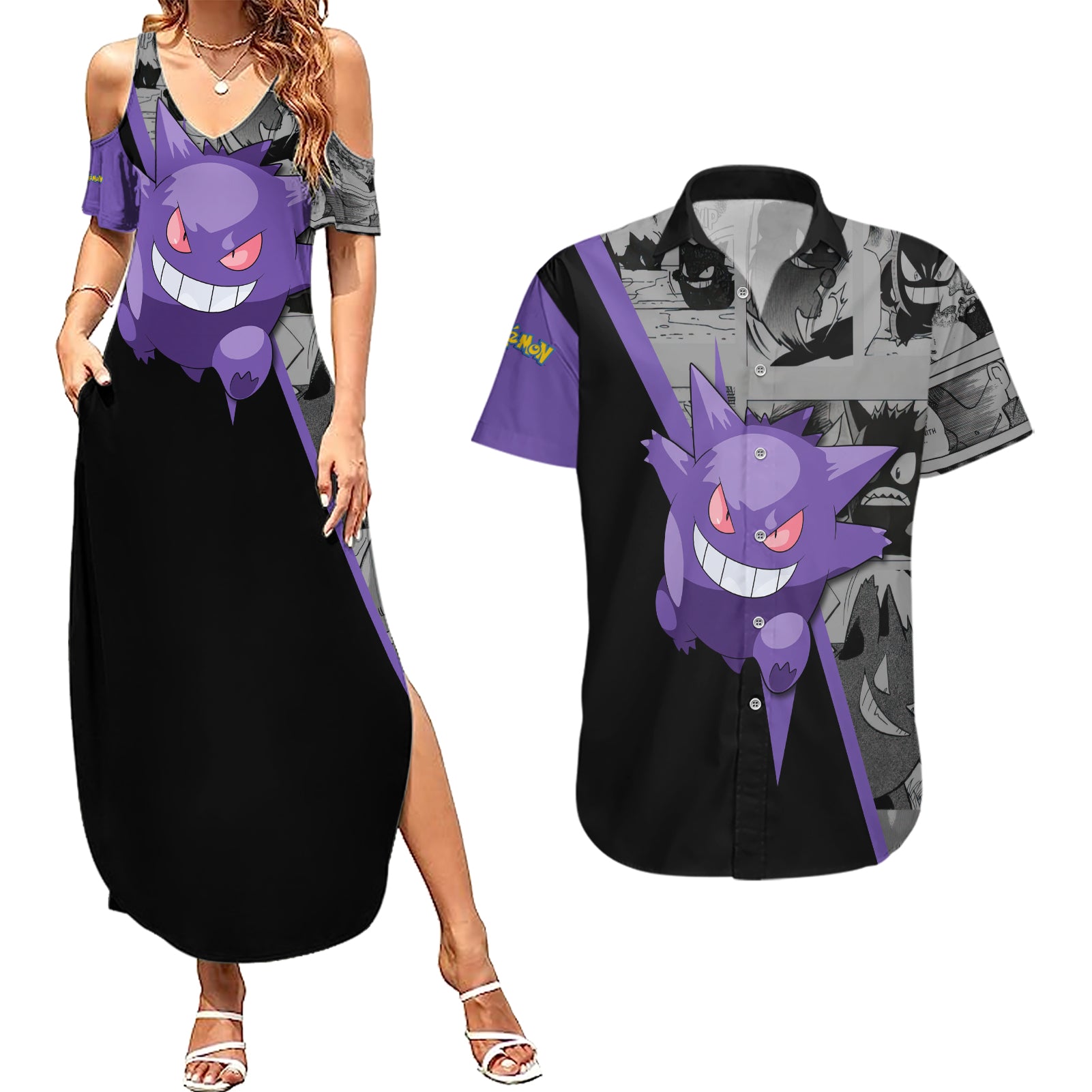 Gengar Pokemon Couples Matching Summer Maxi Dress and Hawaiian Shirt Mix Manga