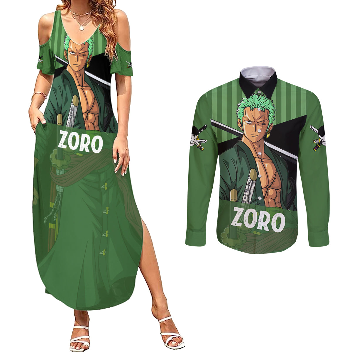 Roronoa Zoro - One Piece Couples Matching Summer Maxi Dress and Long Sleeve Button Shirt