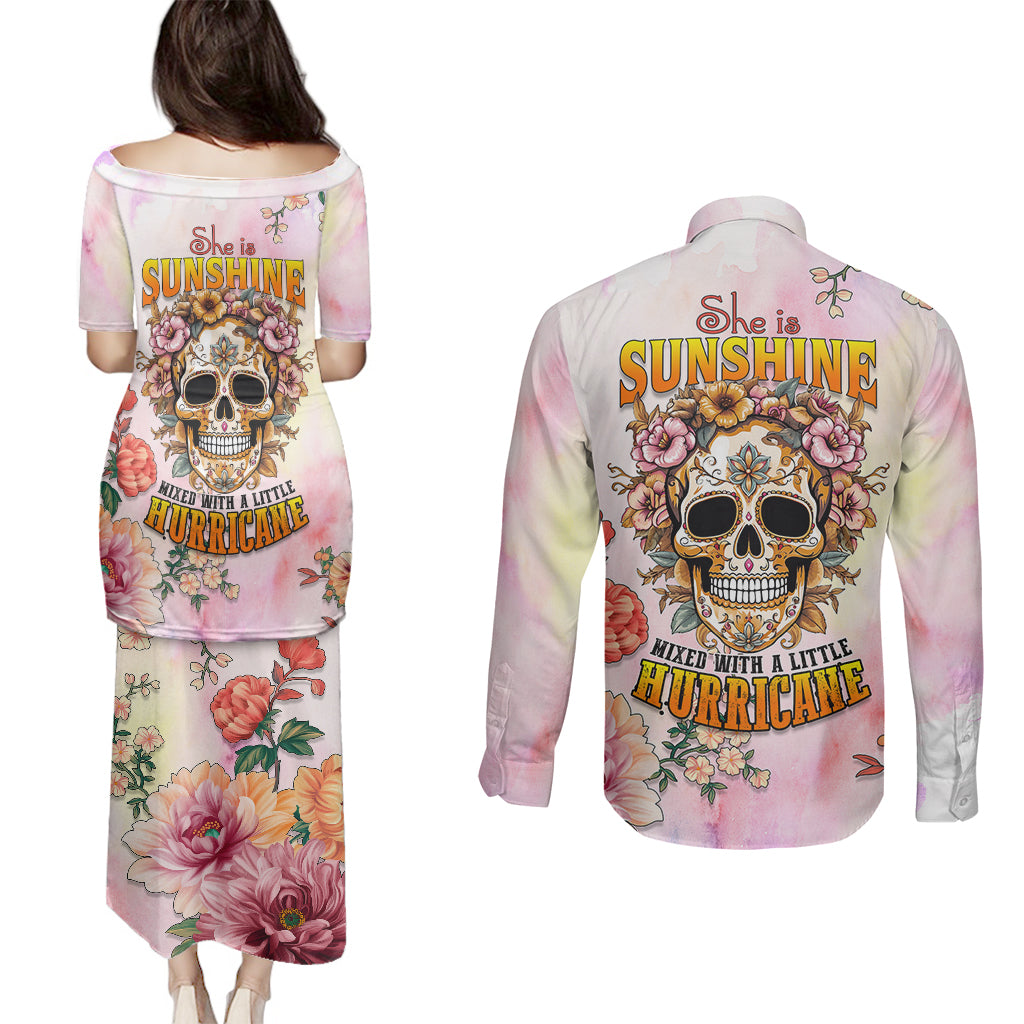 flower-skull-couples-matching-puletasi-dress-and-long-sleeve-button-shirts-she-is-sunshine-mixed-with-a-little-hurricane