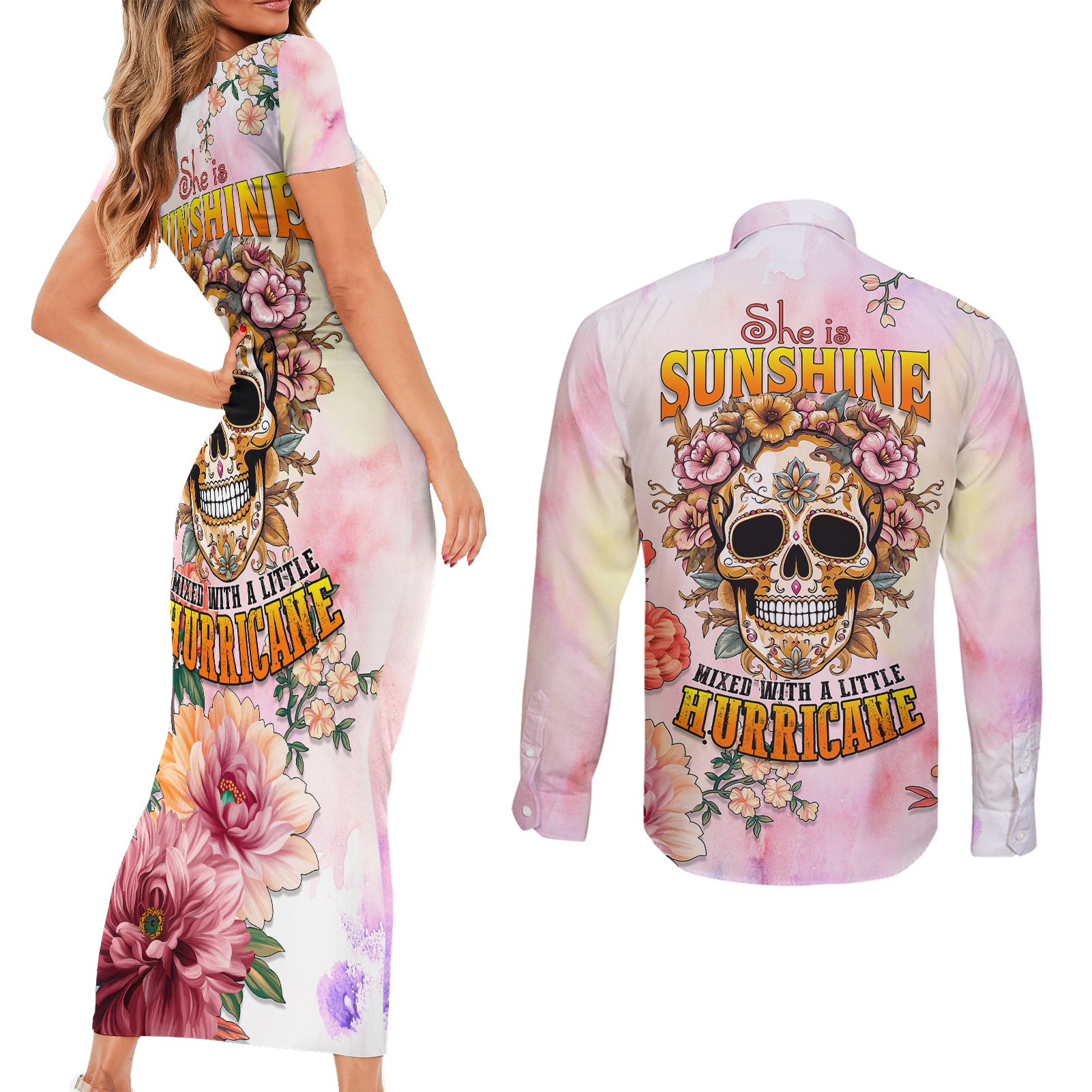 flower-skull-couples-matching-short-sleeve-bodycon-dress-and-long-sleeve-button-shirts-she-is-sunshine-mixed-with-a-little-hurricane
