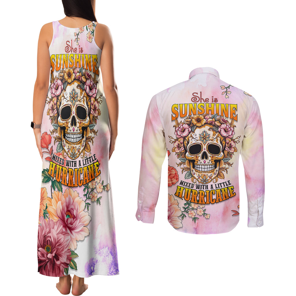 flower-skull-couples-matching-tank-maxi-dress-and-long-sleeve-button-shirts-she-is-sunshine-mixed-with-a-little-hurricane
