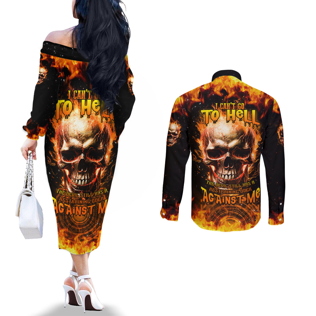 magic-fire-skull-couples-matching-off-the-shoulder-long-sleeve-dress-and-long-sleeve-button-shirts-i-cant-go-to-hell-the-devil-still-has-a-rest-training-oder-against-me