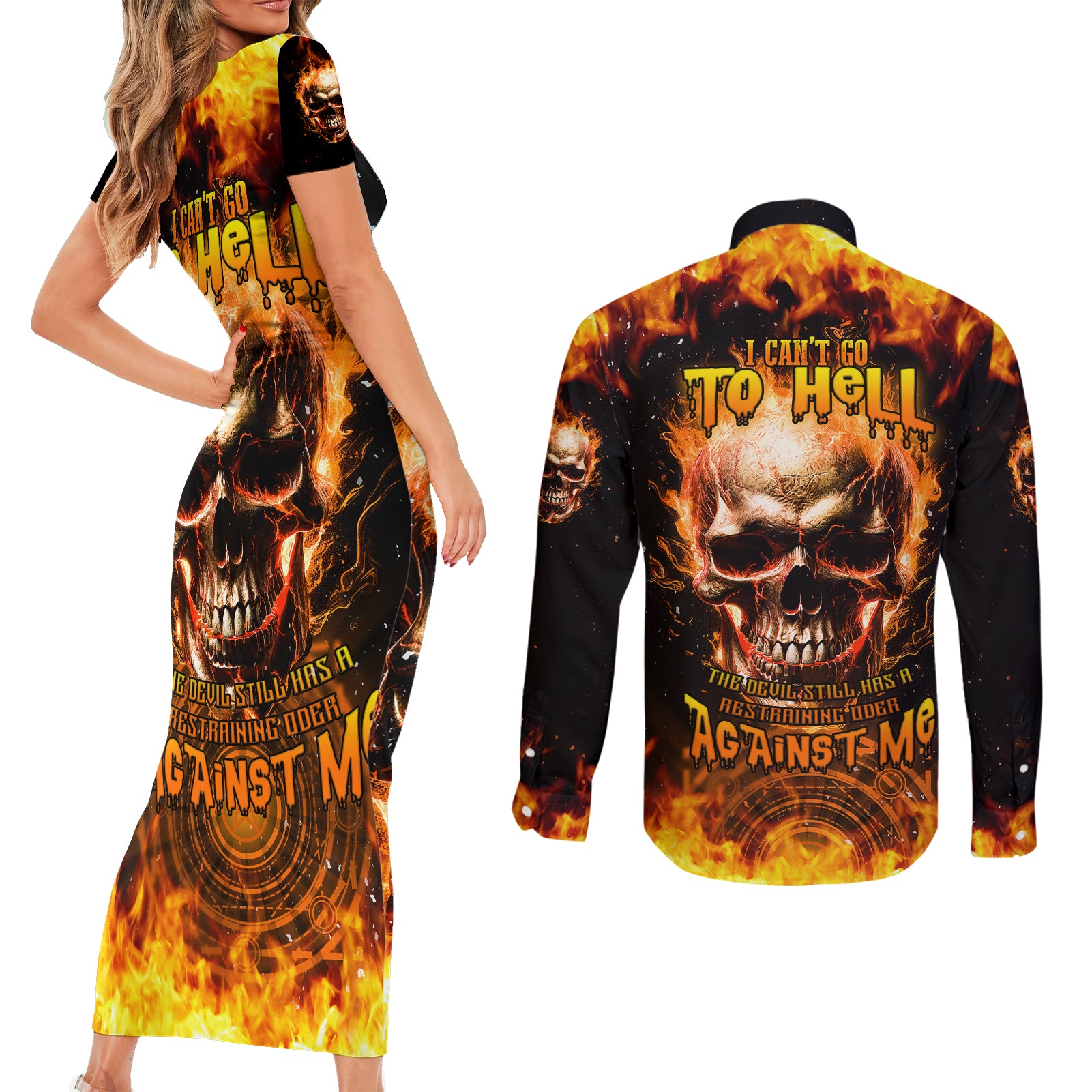 magic-fire-skull-couples-matching-short-sleeve-bodycon-dress-and-long-sleeve-button-shirts-i-cant-go-to-hell-the-devil-still-has-a-rest-training-oder-against-me