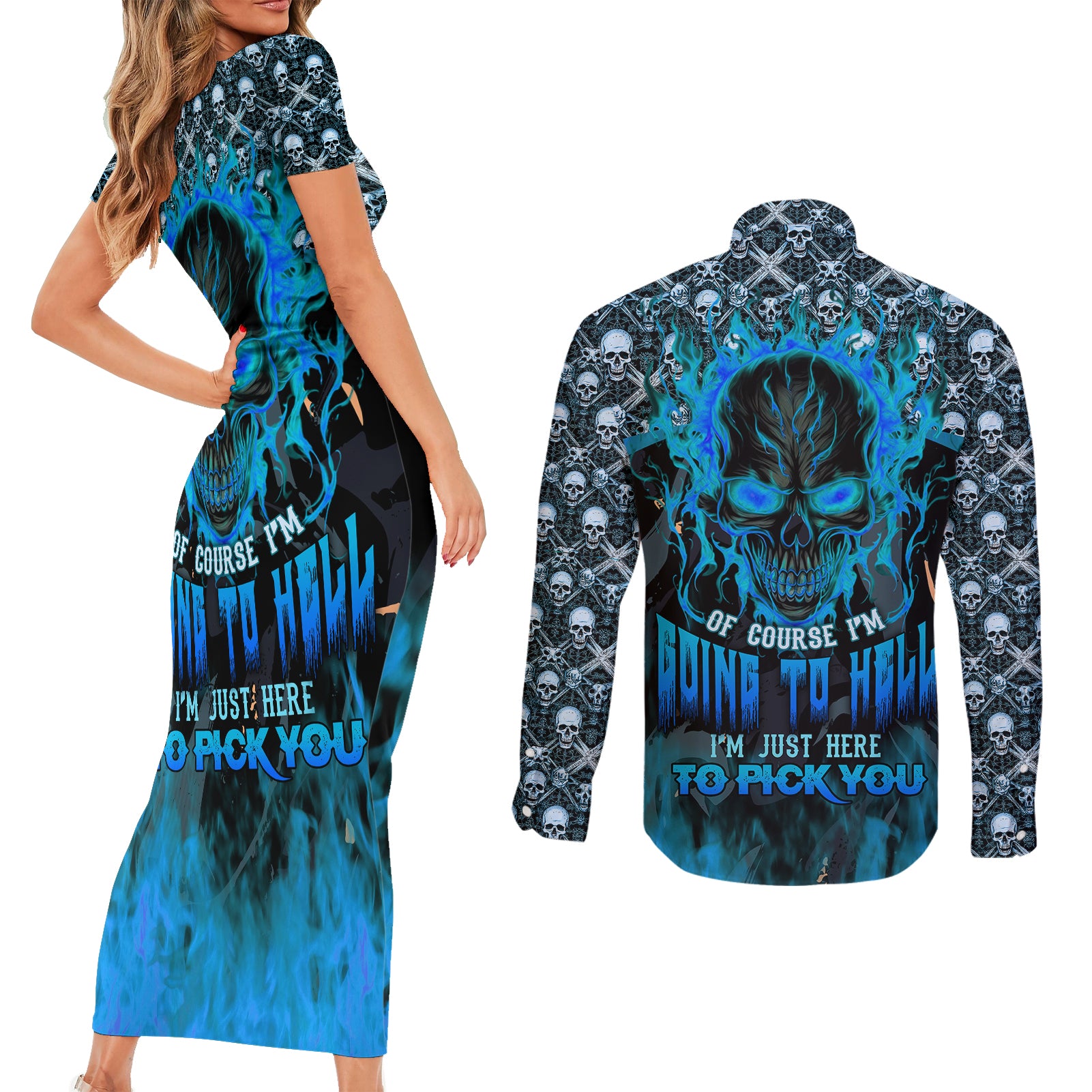 fire-skull-couples-matching-short-sleeve-bodycon-dress-and-long-sleeve-button-shirts-of-course-im-going-to-hell-im-just-here-to-pick-you-up