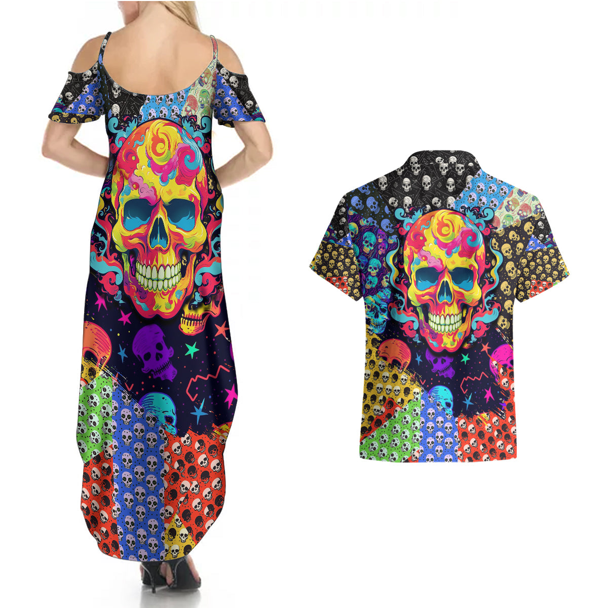 skull-pattern-couples-matching-summer-maxi-dress-and-hawaiian-shirt-colorful-skull-pattern-mix