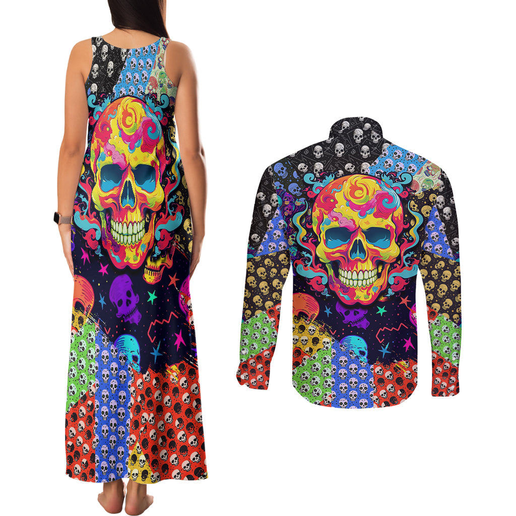 skull-pattern-couples-matching-tank-maxi-dress-and-long-sleeve-button-shirts-colorful-skull-pattern-mix